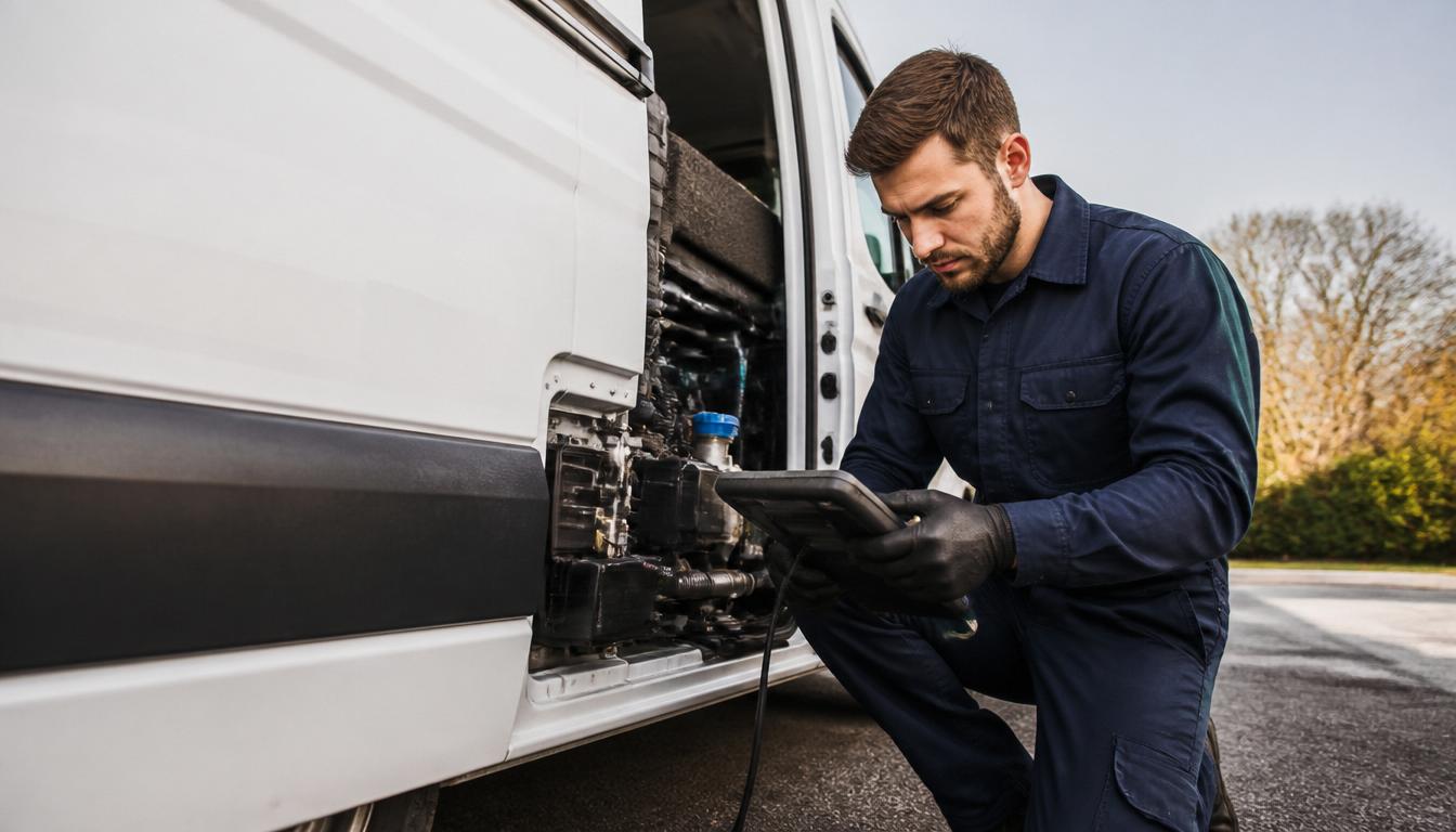 Mobile technician diagnosing an AdBlue system on a commercial van